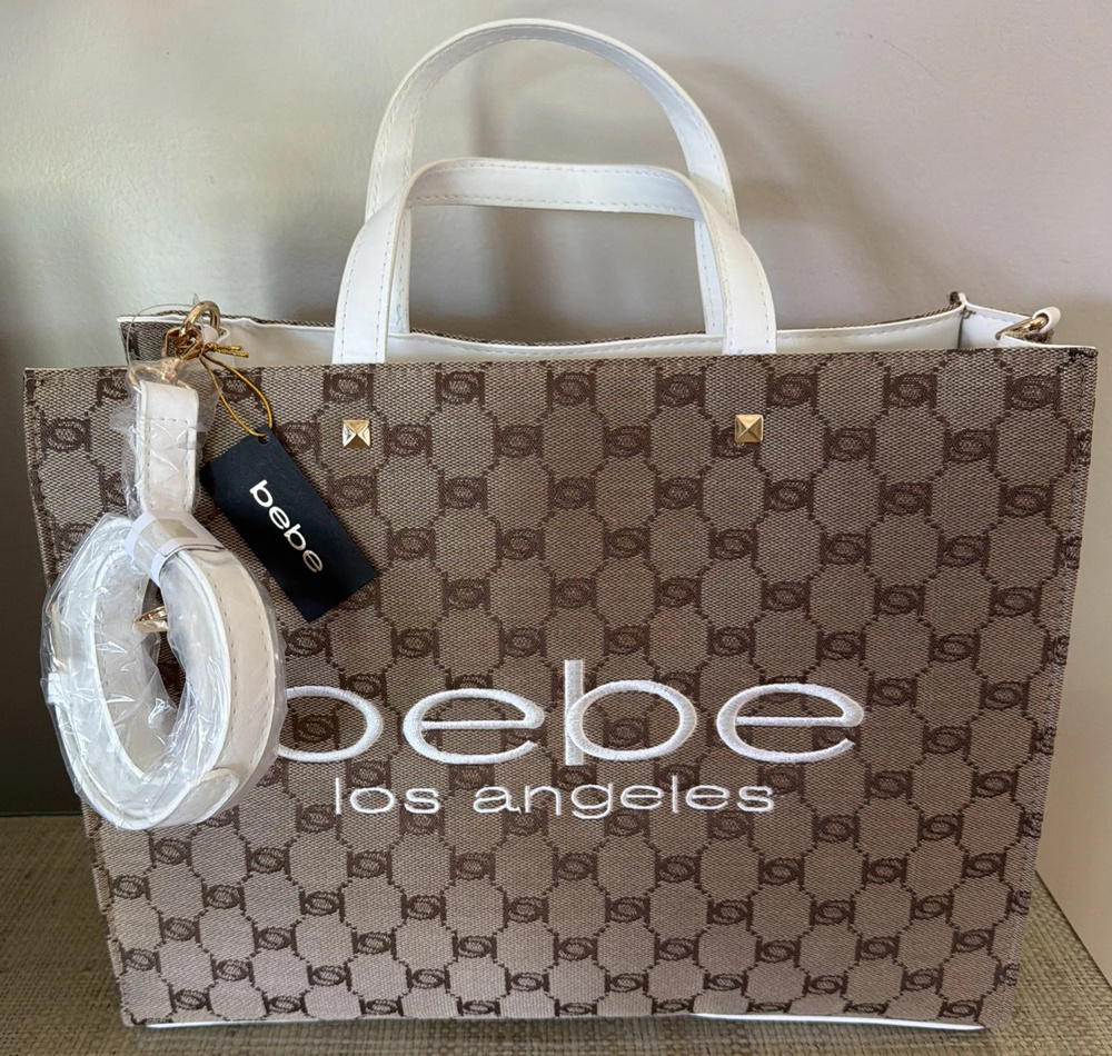 1121 - Bebe Los Angeles Monogram Tote Bag White Brown Logo - NWT